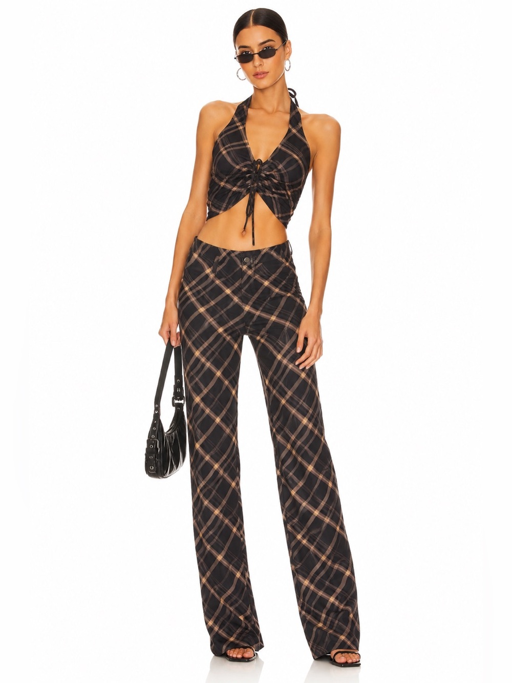 I.AM.GIA Plaid 2-Piece Matching Set Y2K Grunge Wide Leg Pant mesh top